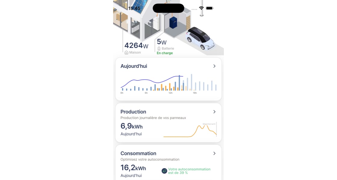 Schéma en trois dimensions des flux énergétiques d'une maison autonome équipée d'une batterie.